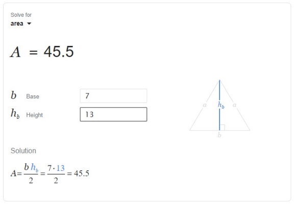 نمونه ای از خروجی محاسبه مساحت مثلث با گوگل