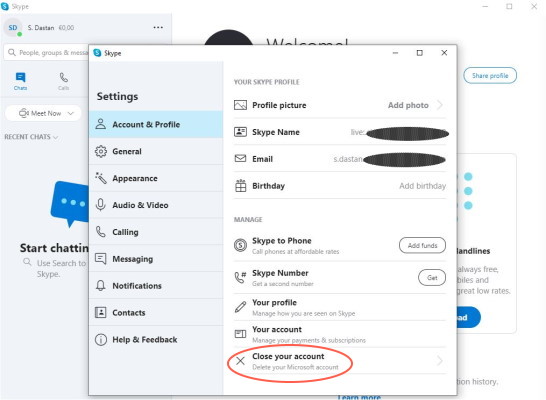 حذف اکانت اسکایپ