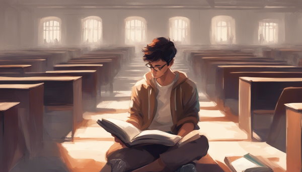 دانش آموز نشسته کف کلاس خالی در حال خواندن یک کتاب در دست (تصویر تزئینی مطلب تابع هموگرافیک)