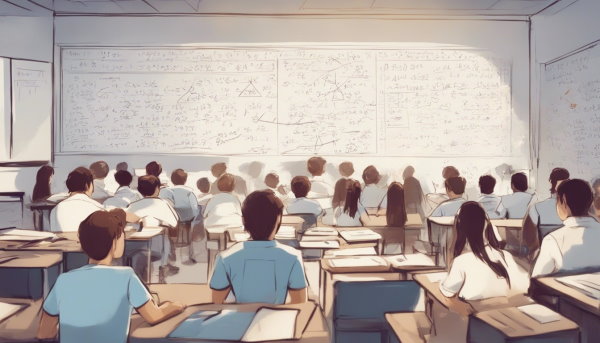کلاسی پر از دانش آموز نشسته در حال نگاه کردن به تخته پر از معادلات ریاضی (تصویر تزئینی مطلب تابع هموگرافیک)