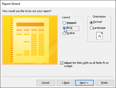 advanced report wizard layout options