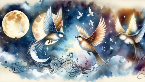 دو پرنده در حال آواز خواندن زیر نور ماه