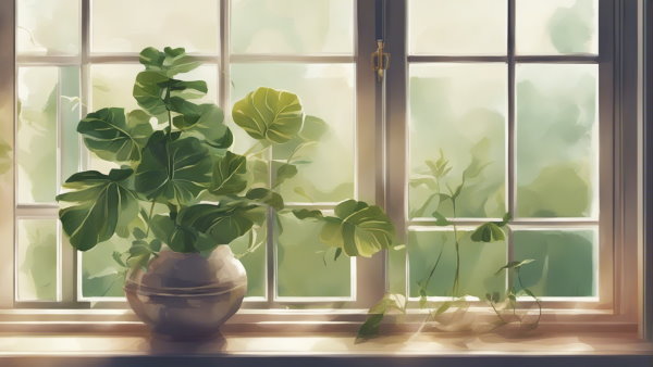 تصویر گرافیکی از یک گلدان گیاه در کنار یک پنجره