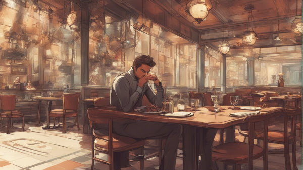 تصویر گرافیکی یک مرد پشت میز در یک رستوران در حال انتظار