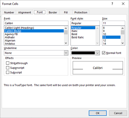 font panel in format cells
