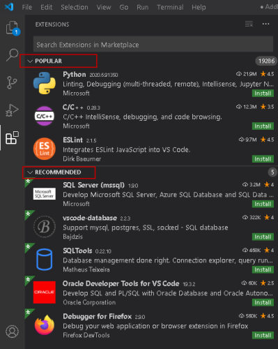 تصویر Screenshot‌ از تب Extention و افزونه های پیشنهادی و محبوب VS Code برای آموزش Visual Studio Code