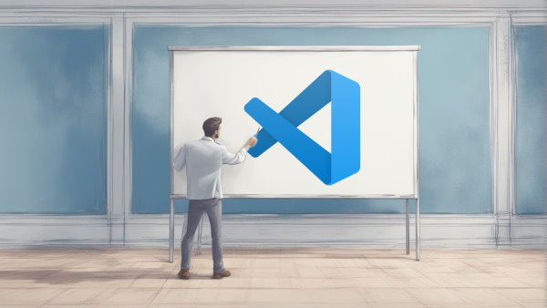 یک اتاق با یک مرد که در حال کشیدن لوگوی Visual Studio Code بر روی تخته است