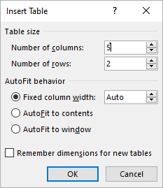 insert table dialog box