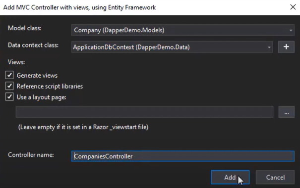 افزودن کنترلر MVC دارای نما با استفاده از Entity Framework | آموزش Dapper