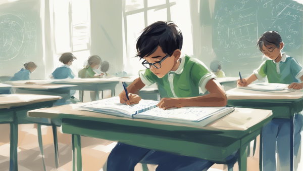 دانش آموز دبستانی نشسته پشت نیمکت در حال نوشتن