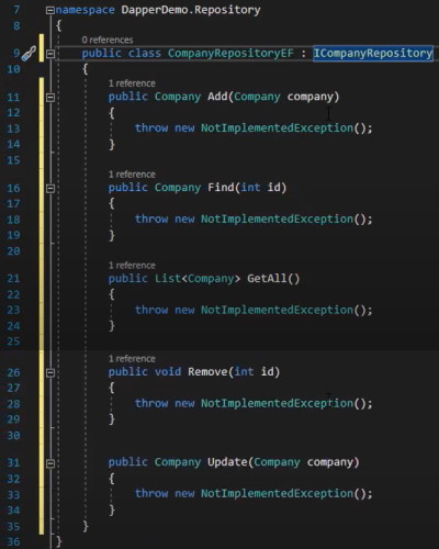 کدهای ایجاد شده به صورت خودکار برای پیاده سازی رابط در کلاس Repository | آموزش Dapper