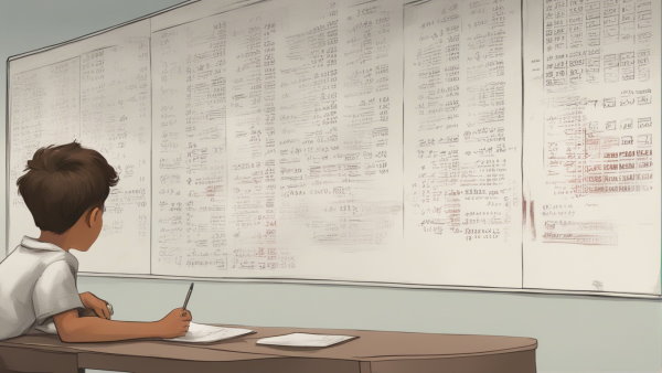 تصویر گرافیکی یک دانش آموز پسر پشت میز رو به روی تخته در حال نگاه کردن به اعداد روی تخته