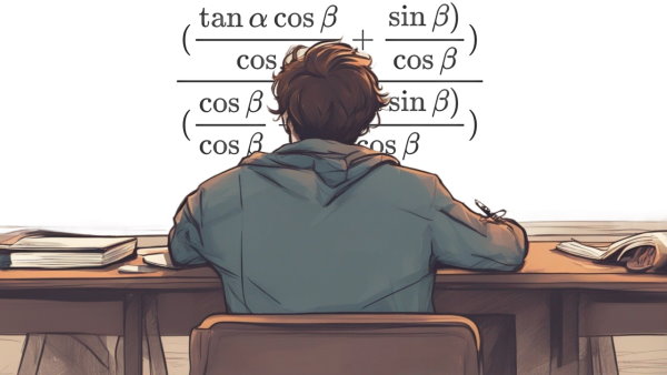 تصویر گرافیکی یک دانش آموز پشت میز رو به تخته در حال نگاه کردن به یکی از روابط مثلثاتی