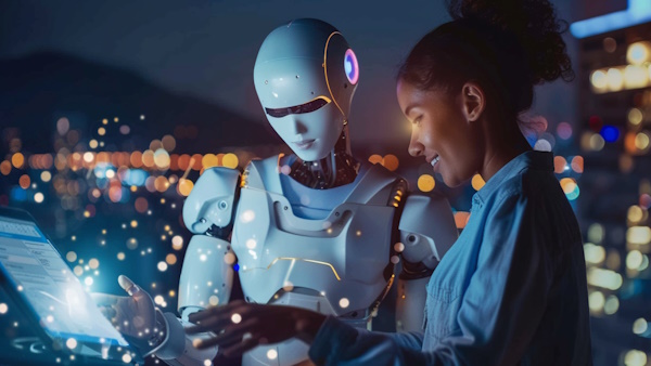 زن خوشحال در کنار یک ربات که با لپتاپ کار می‌کند