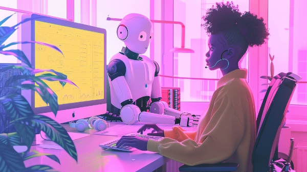 یک ربات در کنار یک دختر در حال یادگیری هوش مصنوعی با فرادرس