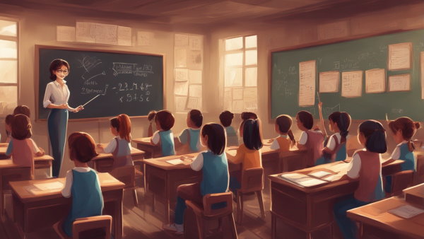 تصویر گرافیکی یک معلم در کلاس درس دبستان در حال تدریس به دانش آموزان (تصویر تزئینی مطلب تقسیم اعداد اعشاری)