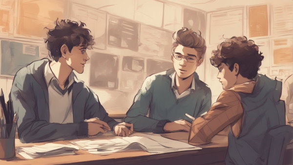 تصویر گرافیکی سه دانش آموز پسر در حال صبحت دور یک میز