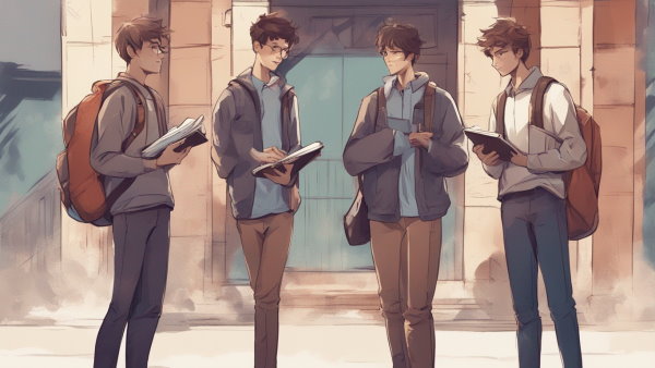 تصویر گرافیکی چهار دانش آموز پسر بیرون از مدرسه با جزوه در دست و در حال صحبت (تصویر تزئینی مطلب رادیکال چیست)