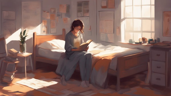 تصویر گرافیکی دختری در حال درس خواندن روی تخت (تصویر تزئینی مطلب رادیکال چیست)