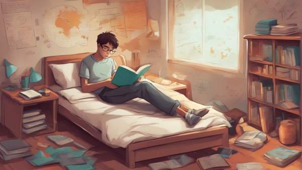 تصویر گرافیکی پسری در حال درس خواندن روی تخت (تصویر تزئینی مطلب رادیکال چیست)