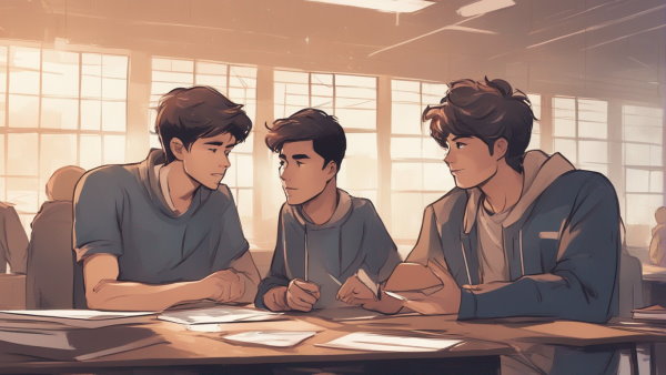 تصویر گرافیکی سه دانش آموز دبیرستانی پشت میز در حال صحبت کردن با یکدیگر