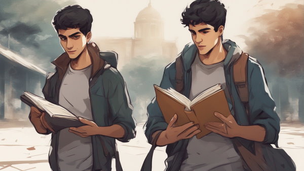 تصویر گرافیکی دو پسر دبیرستانی در حال راه رفتن و خواندن جزوه (تصویر تزئینی مطلب رادیکال چیست)