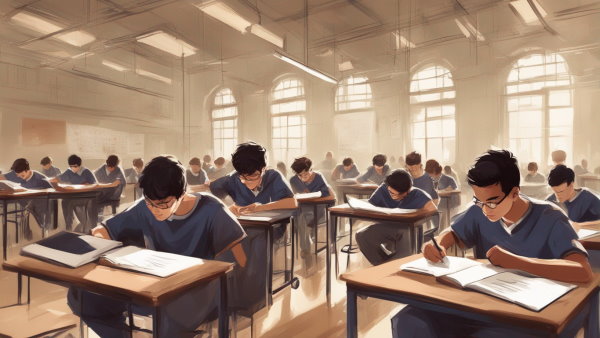 تصویر گرافیکی کلاس پر از دانش آموزان دبیرستانی در حال امتحان دادن