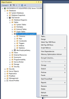 تصویر منوی ظاهر شده با راست کلیک روی یک شی پایگاه داده در آموزش SQL Server Management Studio