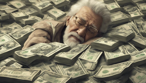 یک پیرمرد خوابیده در میان بسته های دلار (تصویر تزئینی مطلب ارزش زمانی پول)