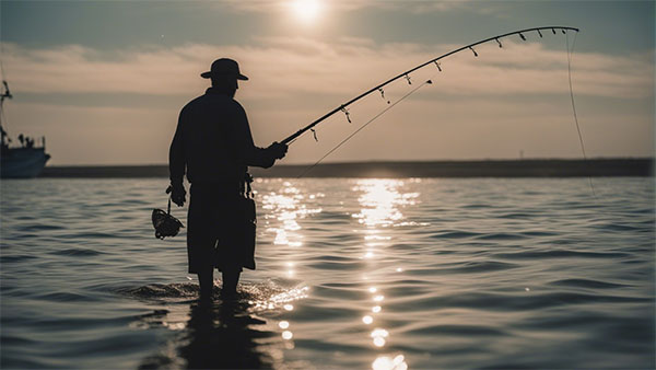مرد ماهیگیری کنار دریا مشغول ماهیگیری است