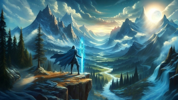 قهرمان داستان روی تخته سنگی با شمشیر جادویی ایستاده و به افق خیره شده است.