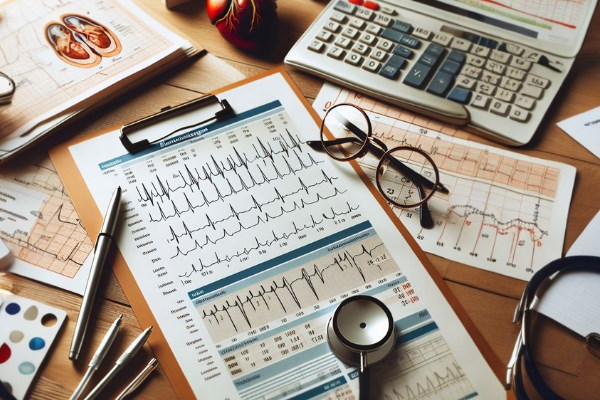 جواب نوار قلب بیمار روی میز قرار دارد. عینک کتاب و گوشی پزشکی اطراف آن است - پتانسیل عمل قلب 