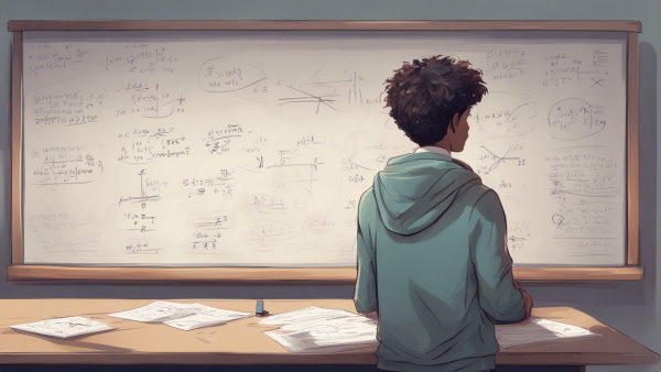 دانش آموز ایستاده پشت میز در حال نگاه کردن تخته در کلاس (تصویر تزئینی مطلب تقسیم اعداد توان دار)