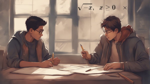 دو دانش آموز نشته پشت میز با جزوه در حال صبحت و حل مساله (تصویر تزئینی مطلب ریشه دوم اعداد)