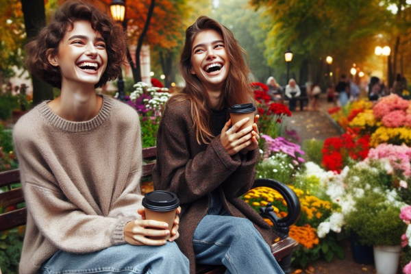 دو دختر روی نیمکت پارک نشسته‌اند و می‌خندند. در دست آن ها لیوان قهوه است و در پس زمینه آدم های دیگر دیده می شوند - سروتونین 