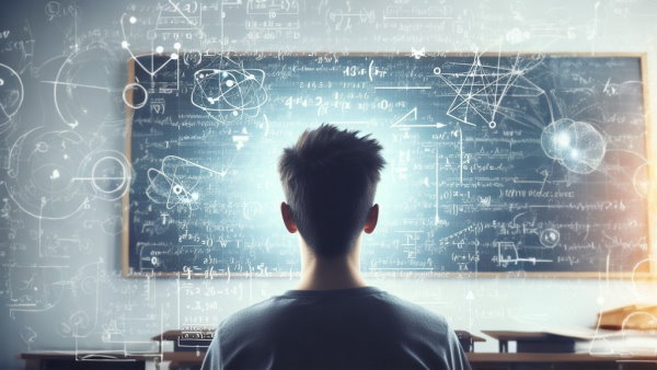 یک دانش آموز مقابل تخته با فضایی پر از شکل ها و حروف و اعداد تصادفی (تصویر تزئینی مطلب فرمول دنباله هندسی)