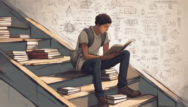 یک دانش آموز نشسته روی پله پر از کتاب در حال مطالعه (تصویر تزئینی مطلب قدر نسبت دنباله هندسی)