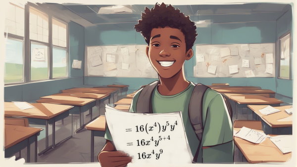 پسری در کلاس خالی با یک کاغذ که روی آن مثالی از محاسبه عبارت های توان دار است