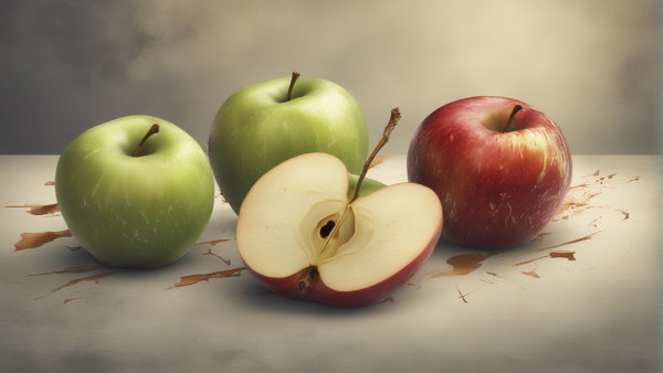 تصویر گرافیکی دو سیب سبز کامل و یک سیب قرمز کامل و یک سیب قرمز نصف (تصویر تزئینی مطلب جمع و تفریق اعداد توان دار)