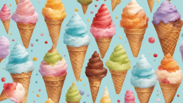 چندین بستنی قیفی با رنگ های مختلف با نان مخروط شکل