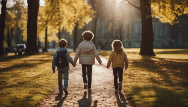 سه بچه در حال قدم زدن در پارک