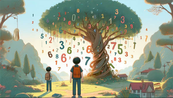 دو دانش آموز زیر درخت ایستاده اند و به اعداد آویزارن شده از آن نگاه می کنند