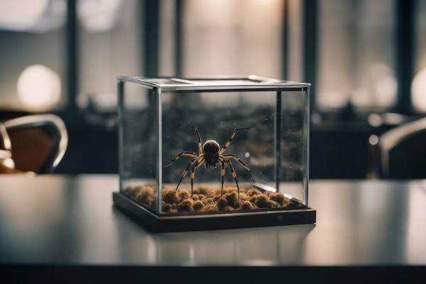 یک عنکبوت در جعبه شیشه ای روی میز آژمایشگاه قرار دارد - عنکبوتیان 