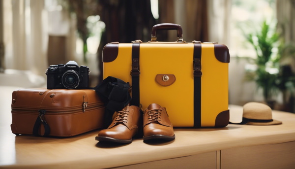تصویر چمدان و یک جفت کفش و یک کلاه و دوربین روی میز