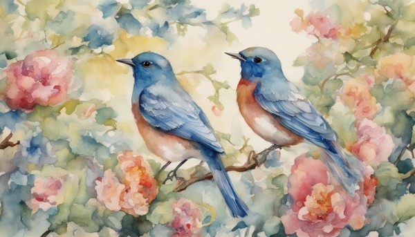 دو پرنده آبی شبیه به هم بین گل ها