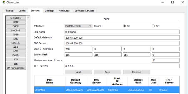 تنظیمات DHCP برای سرور Cisco.com در آموزش نرم افزار Cisco Packet Tracer