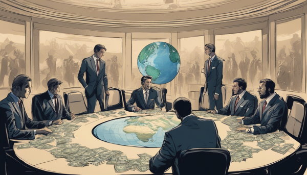 جلسه با مردان نشسته و ایستاده دور میز پر از پول (تصویر تزئینی مطلب اقتصاد کلان)
