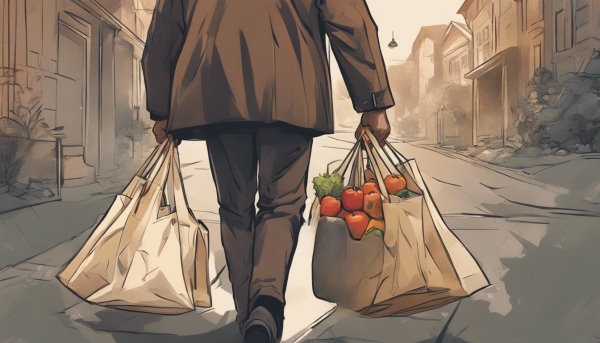 نمای نزدیک از دستان یک مرد با کیسه های پر از میوه