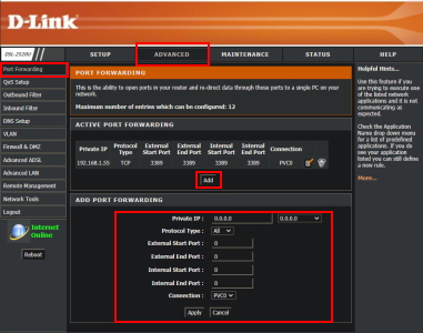 تصویر تنظیمات پورت فورواردینگ برای مودم D-Link در مطلب RDP چیست