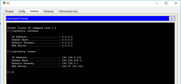 تصویر مربوط به خروجی خط فرمان پس از تازه سازی آدرس آی پی PC در آموزش نرم افزار Cisco Packet Tracer 